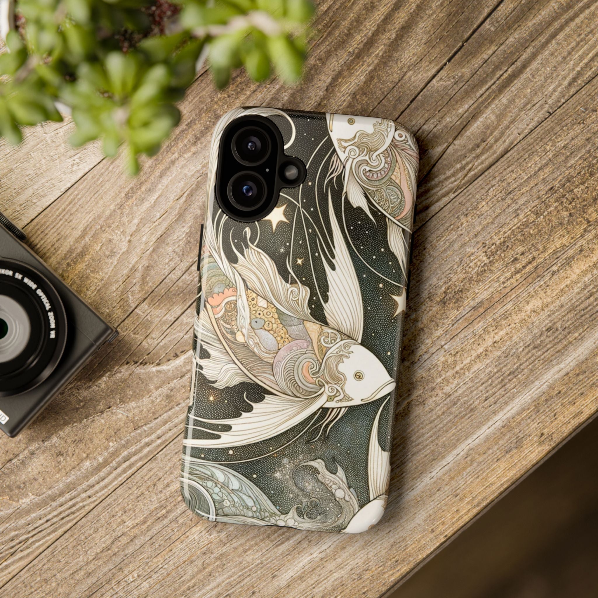 Artistic Phone Case, Cosmic Fish Design, Phone Accessory, Unique Gift, Zodiac Decor, Starry Night Vibes