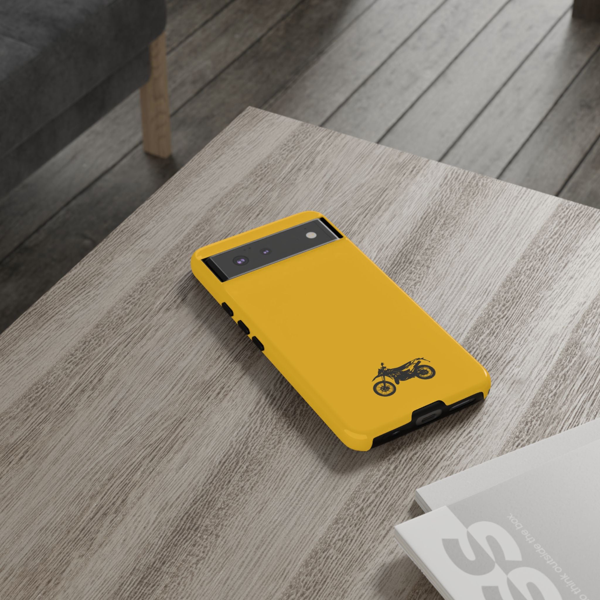 Motorcycle Phone Case, Tough Phone Cover, Gift for Bikers, Durable Tech Accessory, Yellow Motorcycle Design