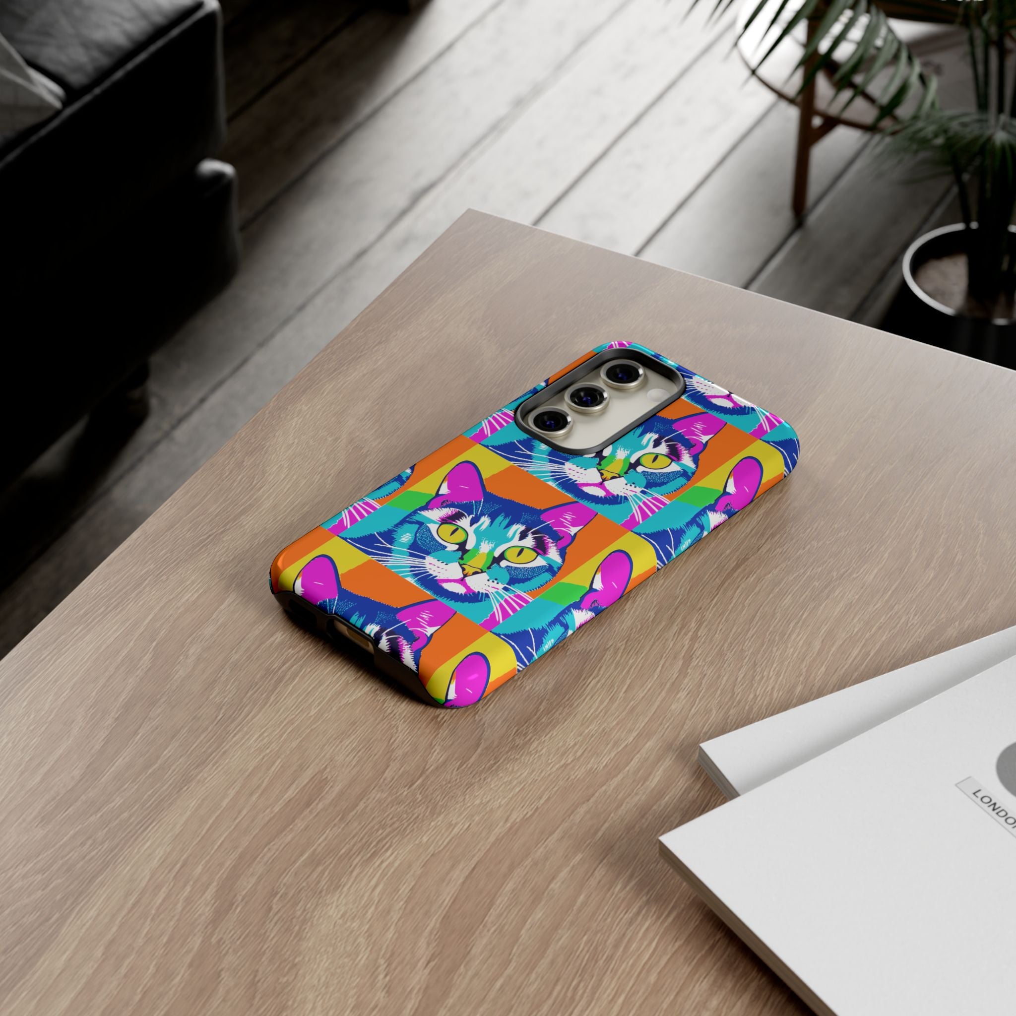 Colorful Cat Phone Case, Vibrant Animal Cover, Unique Pet Lover Gift, Fun Pop Art Style, Trendy Gadget Accessory