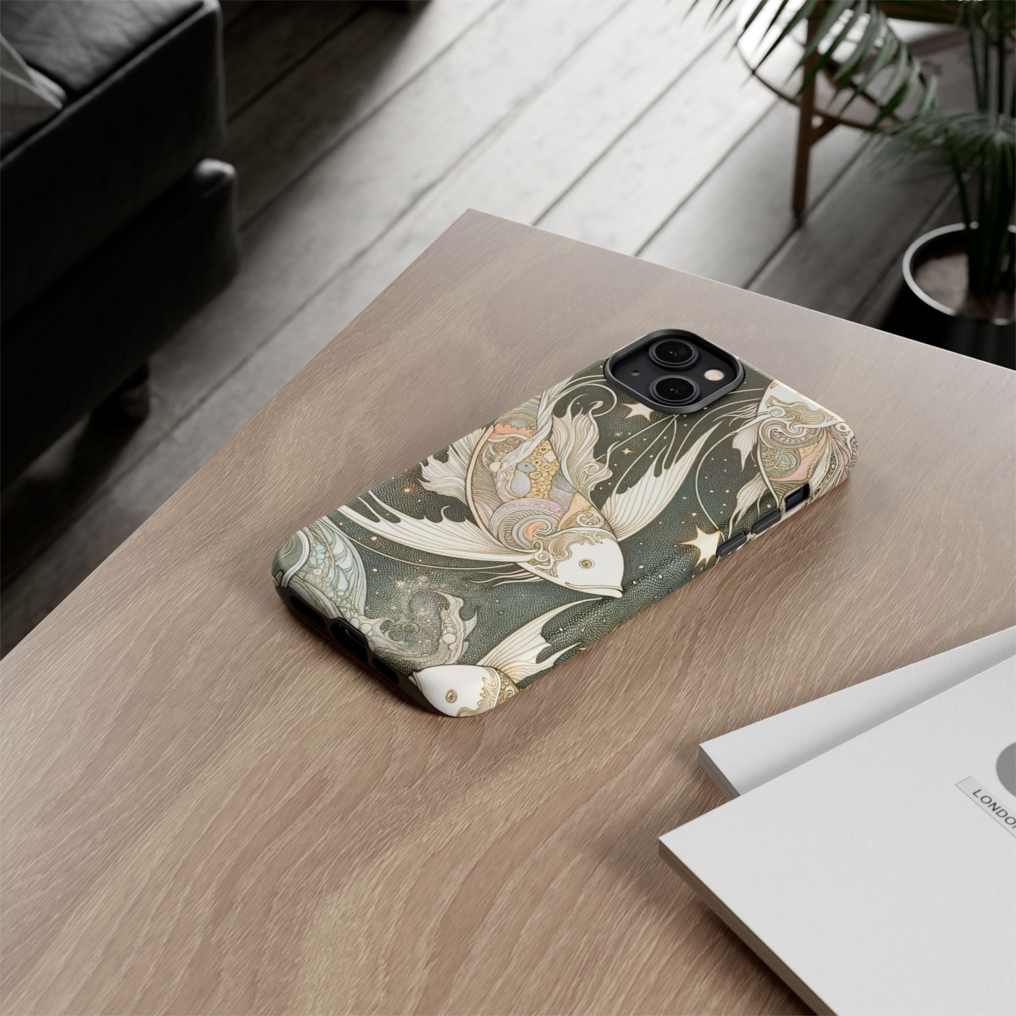 Artistic Phone Case, Cosmic Fish Design, Phone Accessory, Unique Gift, Zodiac Decor, Starry Night Vibes