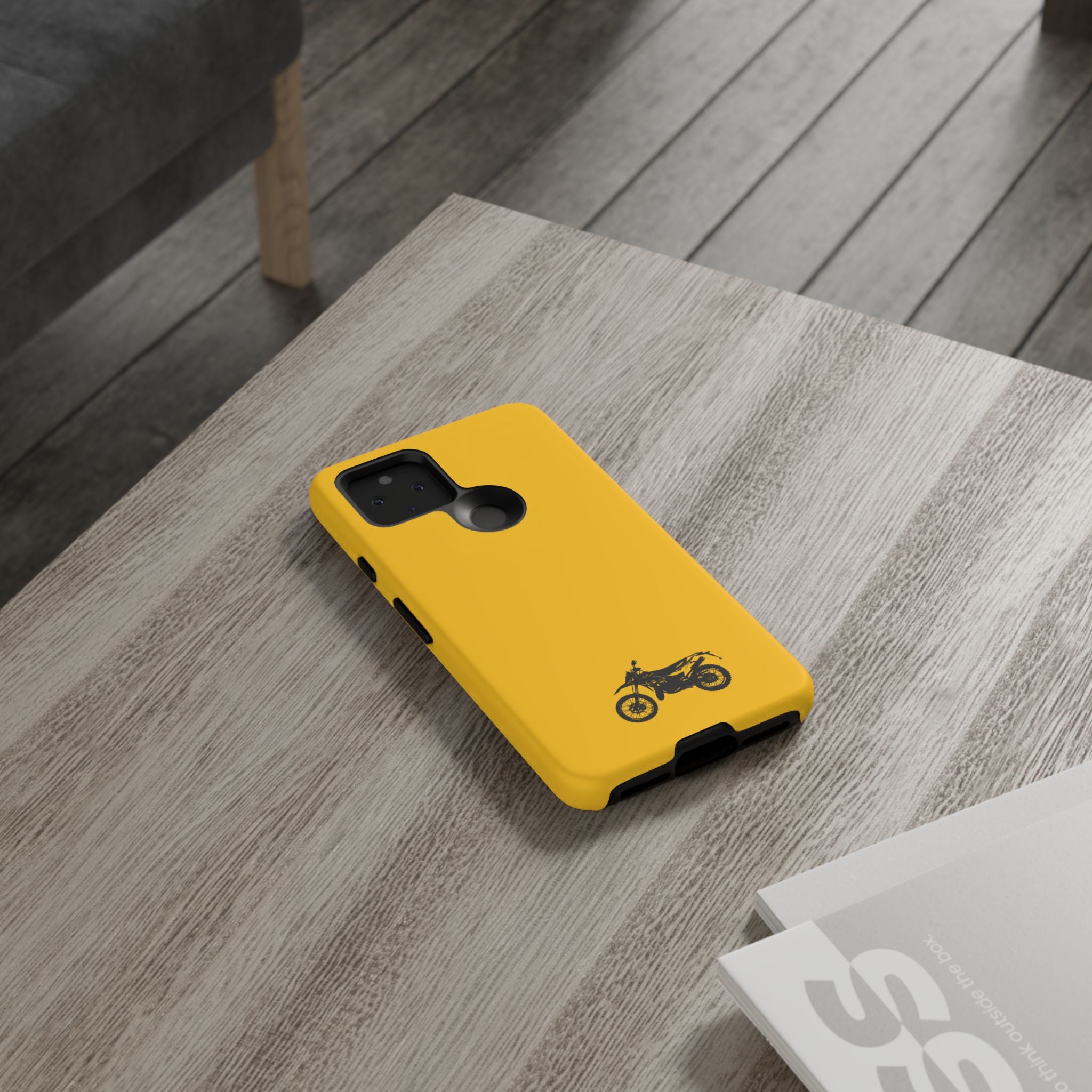 Motorcycle Phone Case, Tough Phone Cover, Gift for Bikers, Durable Tech Accessory, Yellow Motorcycle Design