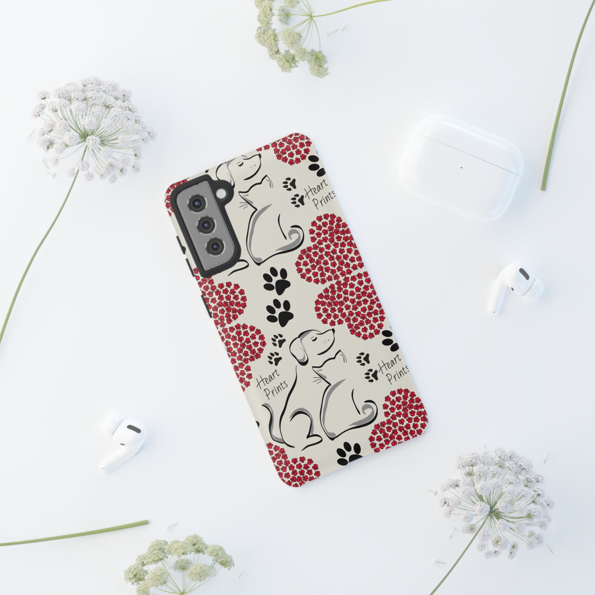 Stylish Phone Case with Heart Prints for Pet Lovers, Dog Lover Gift, Floral Pattern, Customizable Design, Cute Animal Accessories