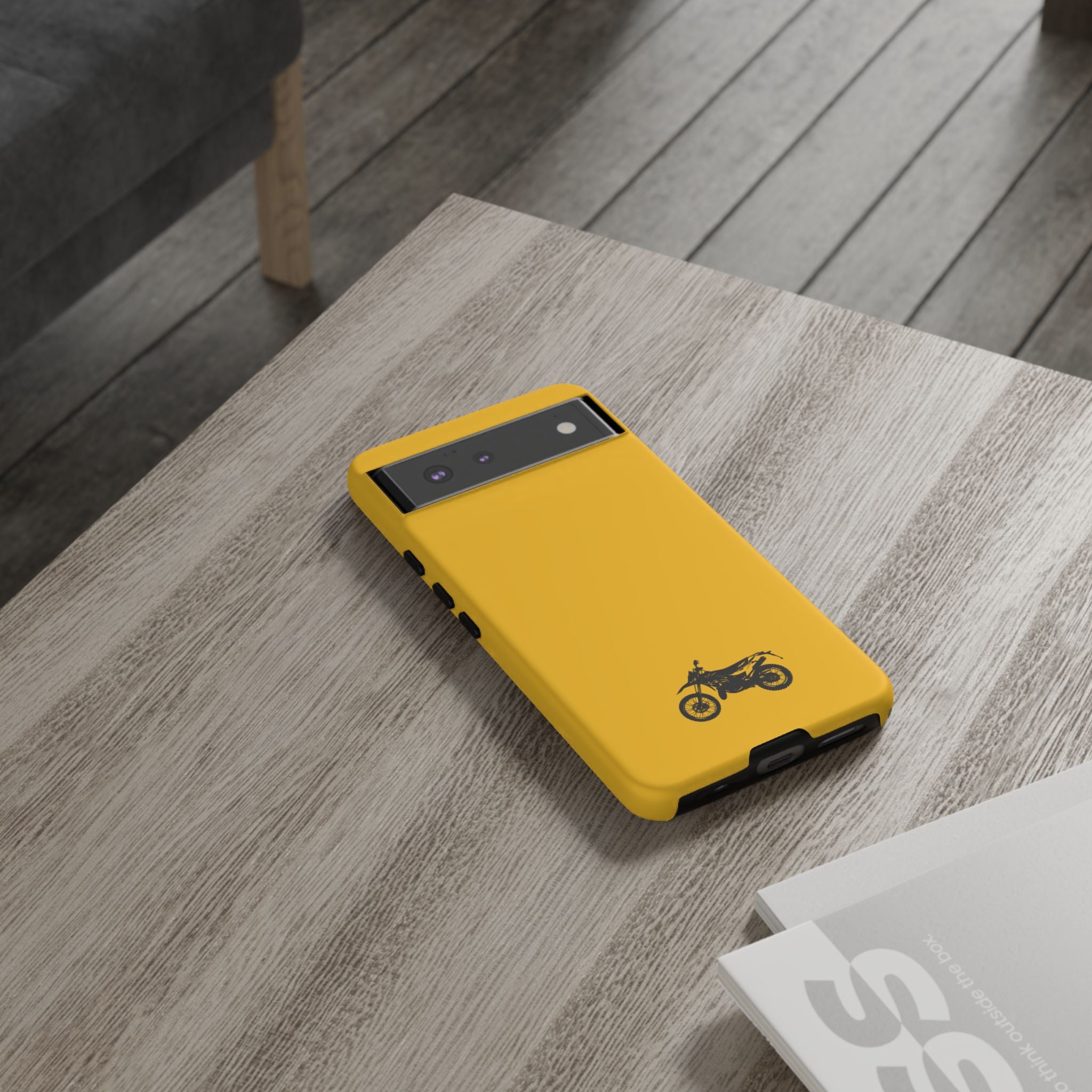 Motorcycle Phone Case, Tough Phone Cover, Gift for Bikers, Durable Tech Accessory, Yellow Motorcycle Design