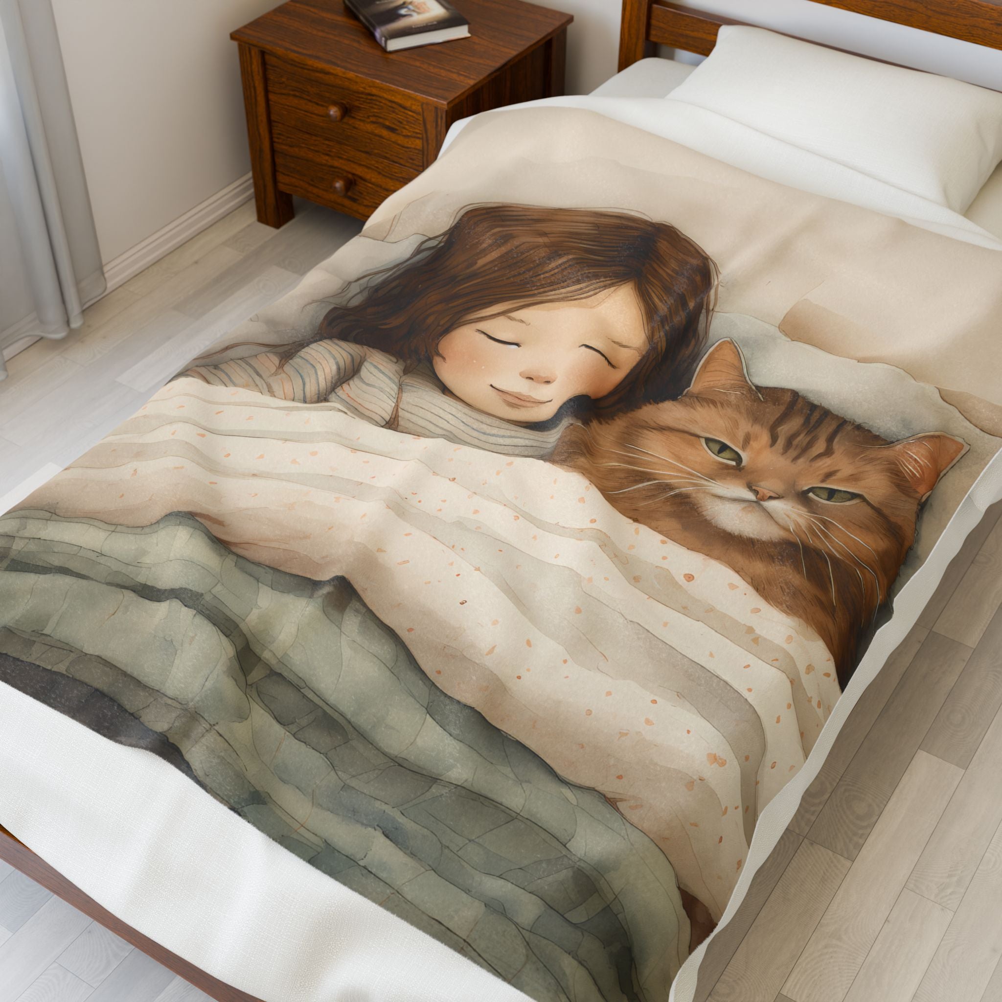 Cat and girl Velveteen Blanket, Soft Throw Blanket for Home Decor, Perfect Gift for Relaxation, Boho Style, Ideal for All Seasons