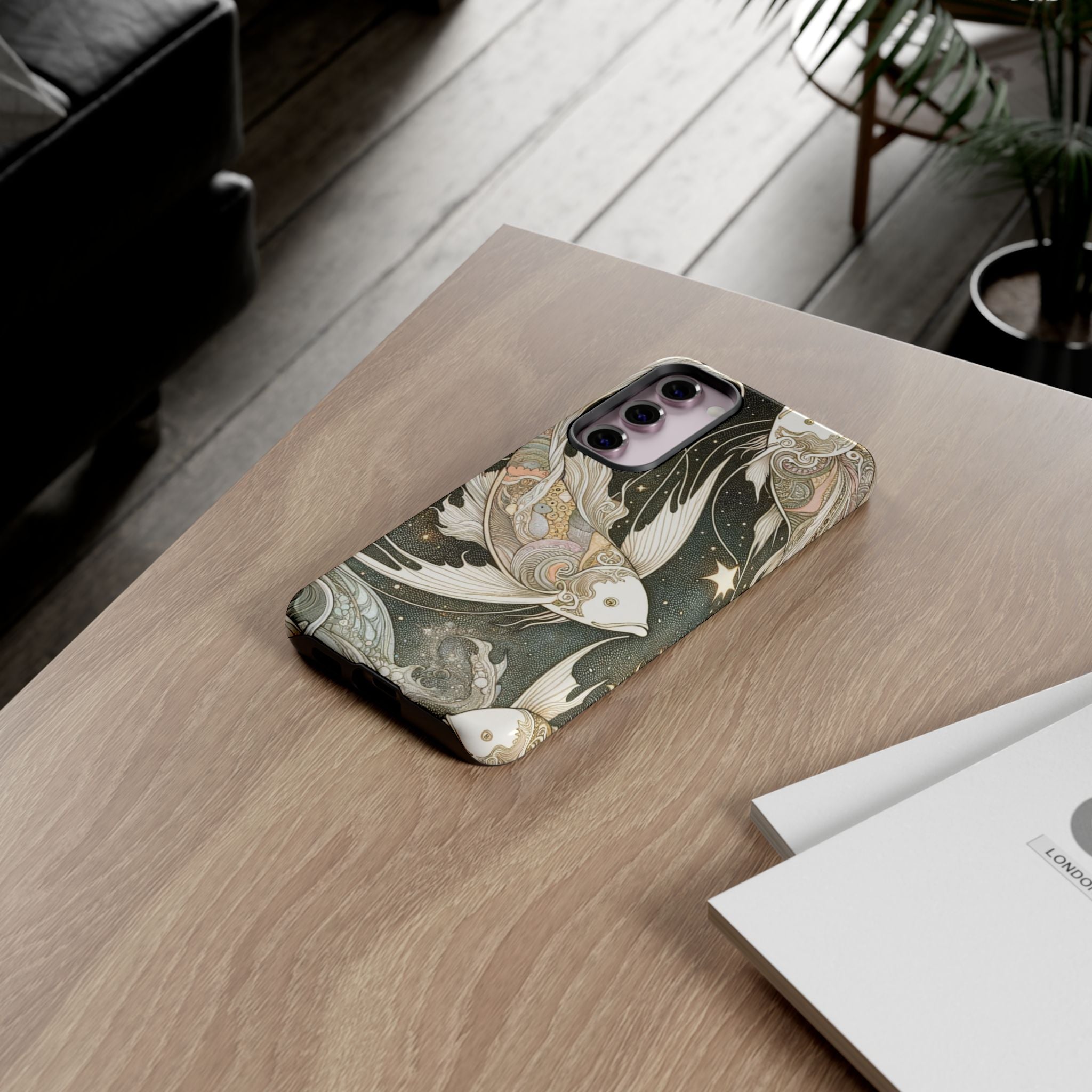 Artistic Phone Case, Cosmic Fish Design, Phone Accessory, Unique Gift, Zodiac Decor, Starry Night Vibes