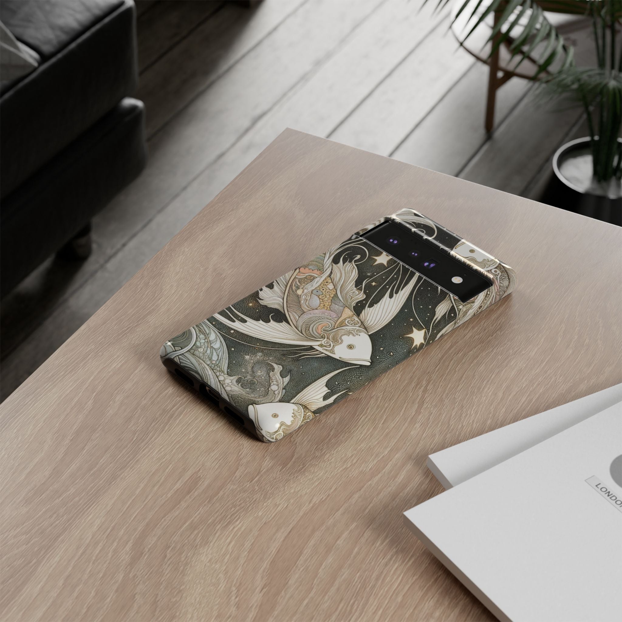Artistic Phone Case, Cosmic Fish Design, Phone Accessory, Unique Gift, Zodiac Decor, Starry Night Vibes