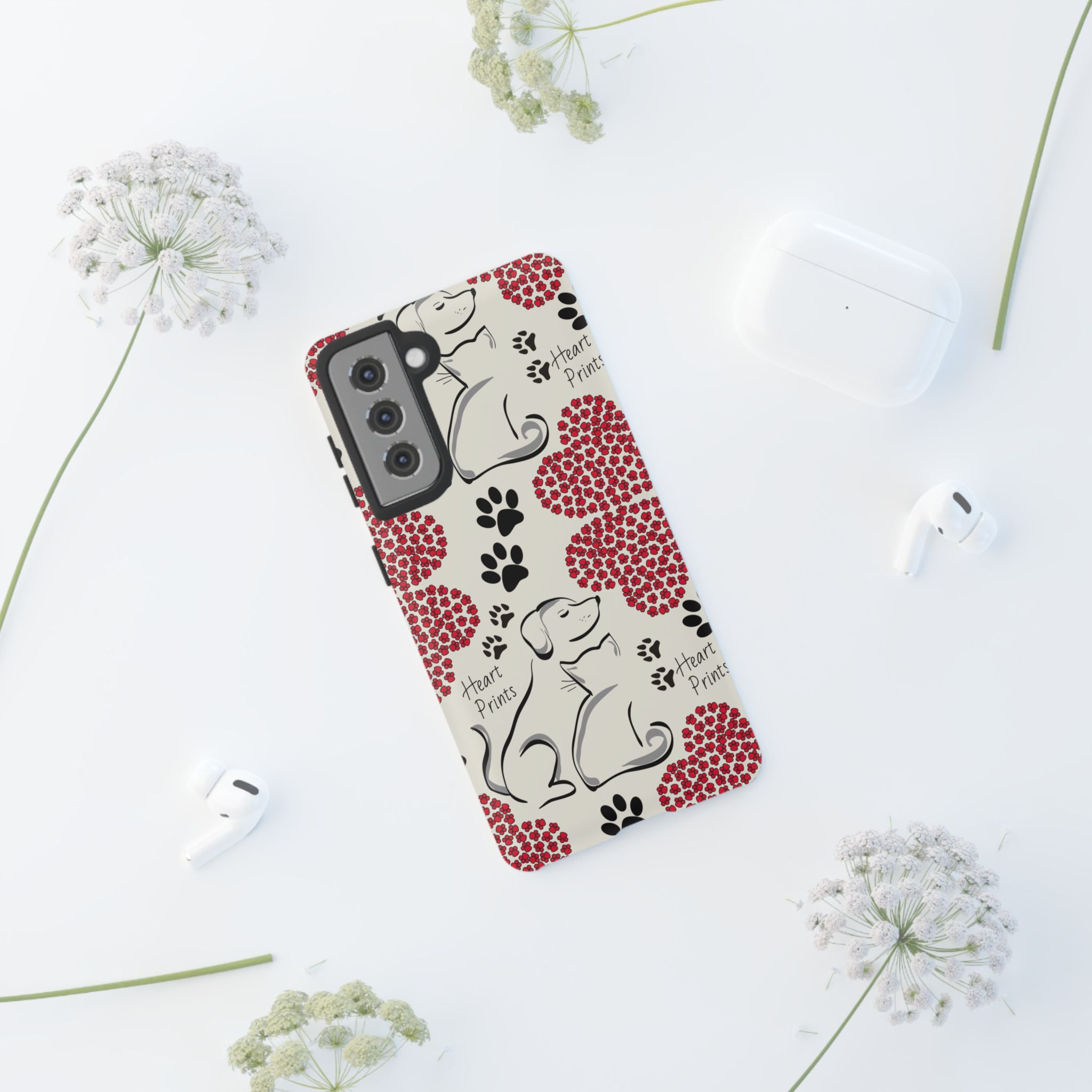 Stylish Phone Case with Heart Prints for Pet Lovers, Dog Lover Gift, Floral Pattern, Customizable Design, Cute Animal Accessories