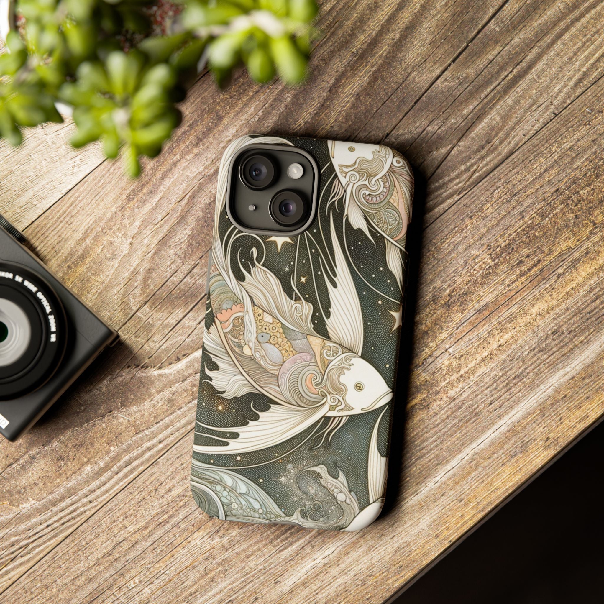 Artistic Phone Case, Cosmic Fish Design, Phone Accessory, Unique Gift, Zodiac Decor, Starry Night Vibes