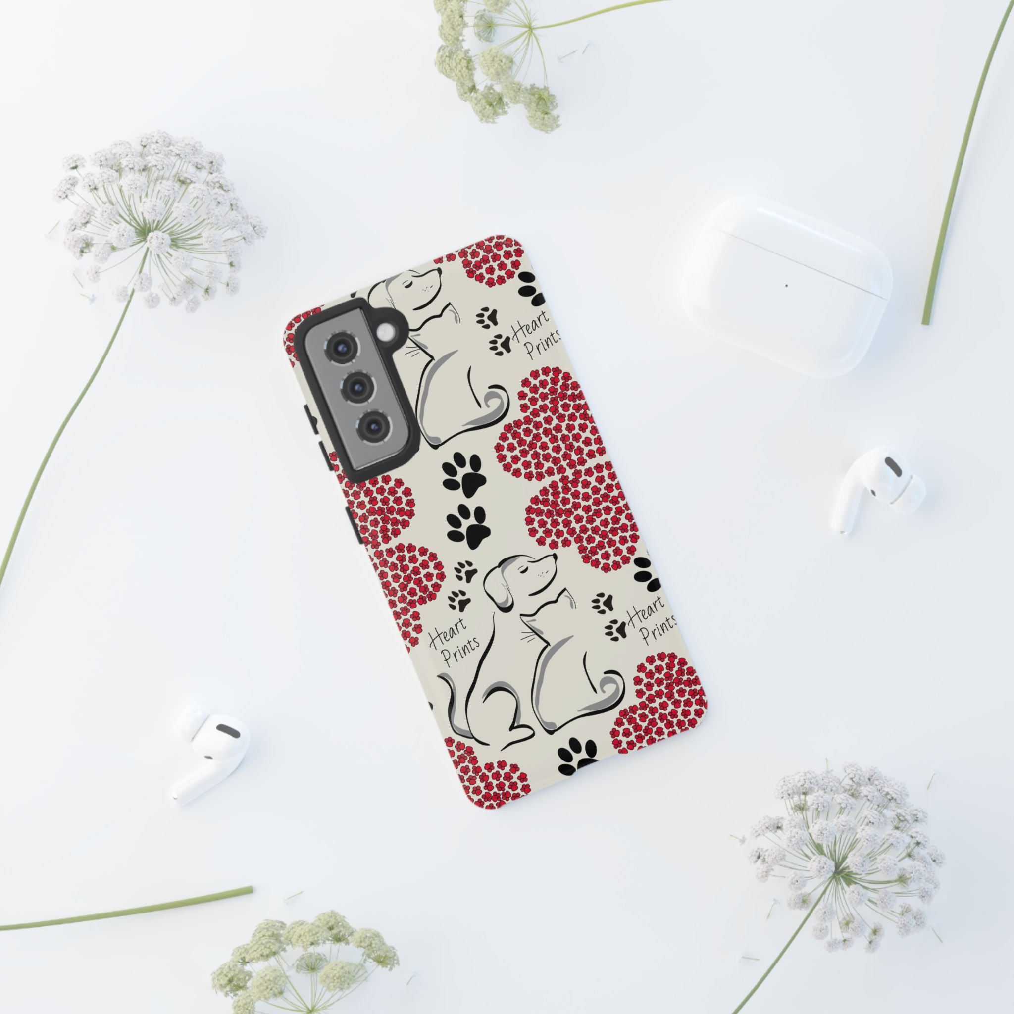Stylish Phone Case with Heart Prints for Pet Lovers, Dog Lover Gift, Floral Pattern, Customizable Design, Cute Animal Accessories