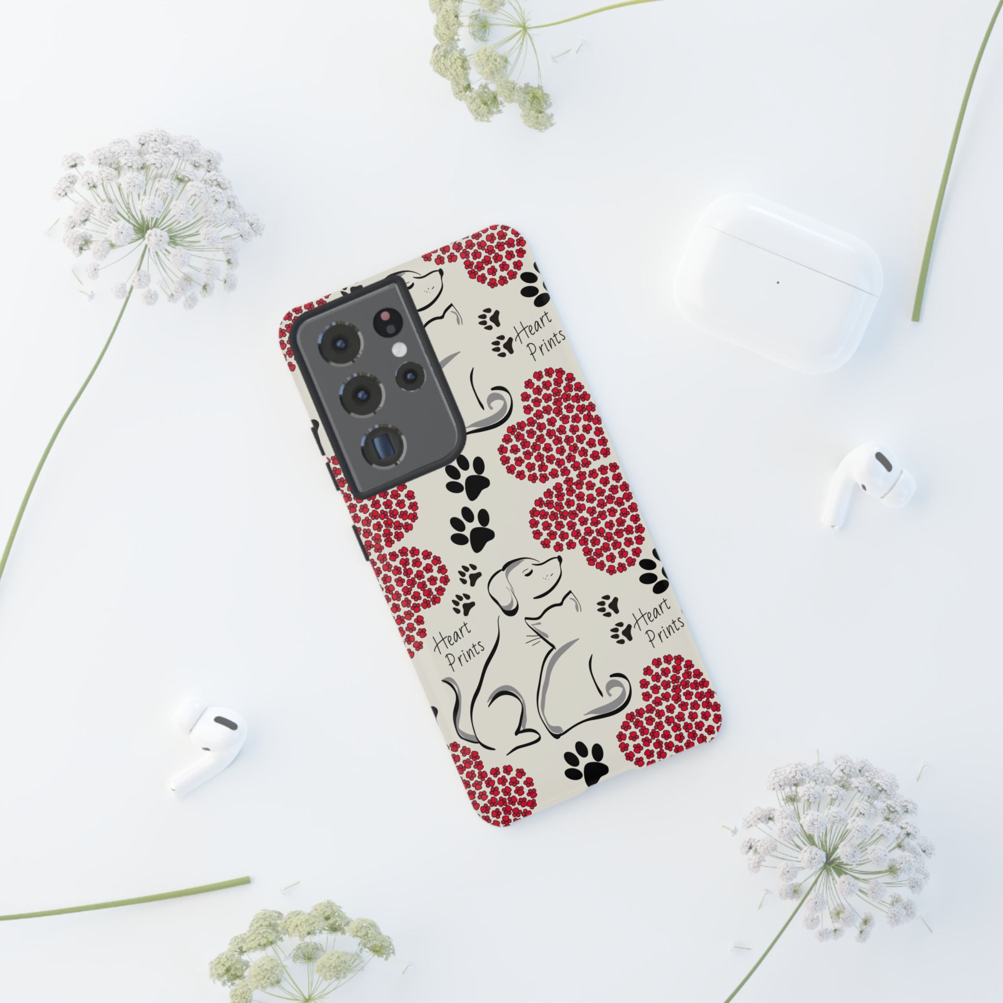 Stylish Phone Case with Heart Prints for Pet Lovers, Dog Lover Gift, Floral Pattern, Customizable Design, Cute Animal Accessories