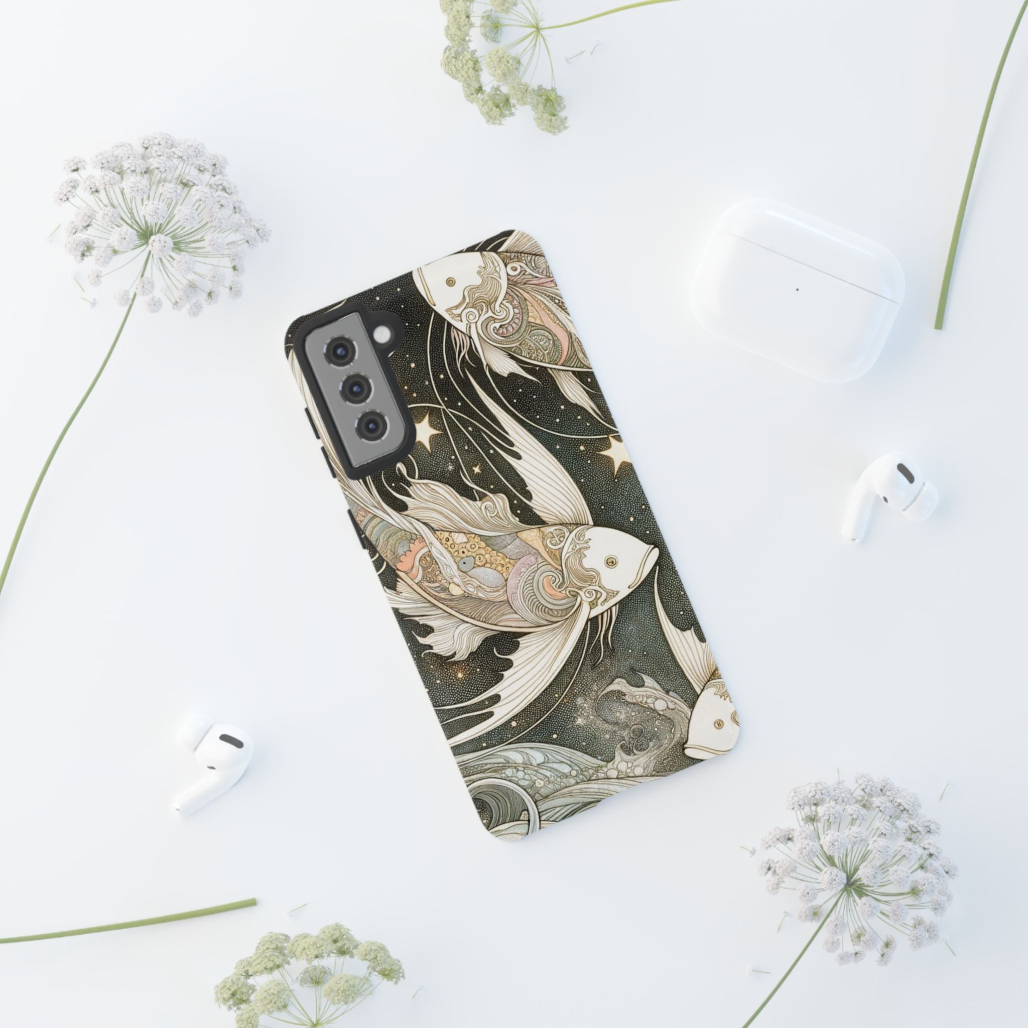 Artistic Phone Case, Cosmic Fish Design, Phone Accessory, Unique Gift, Zodiac Decor, Starry Night Vibes