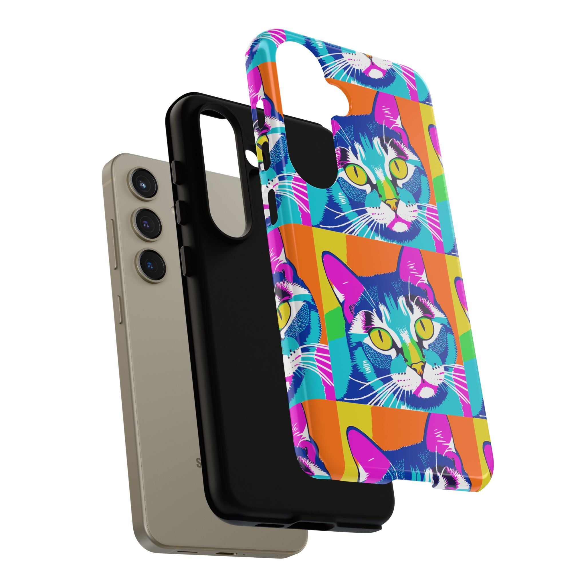 Colorful Cat Phone Case, Vibrant Animal Cover, Unique Pet Lover Gift, Fun Pop Art Style, Trendy Gadget Accessory