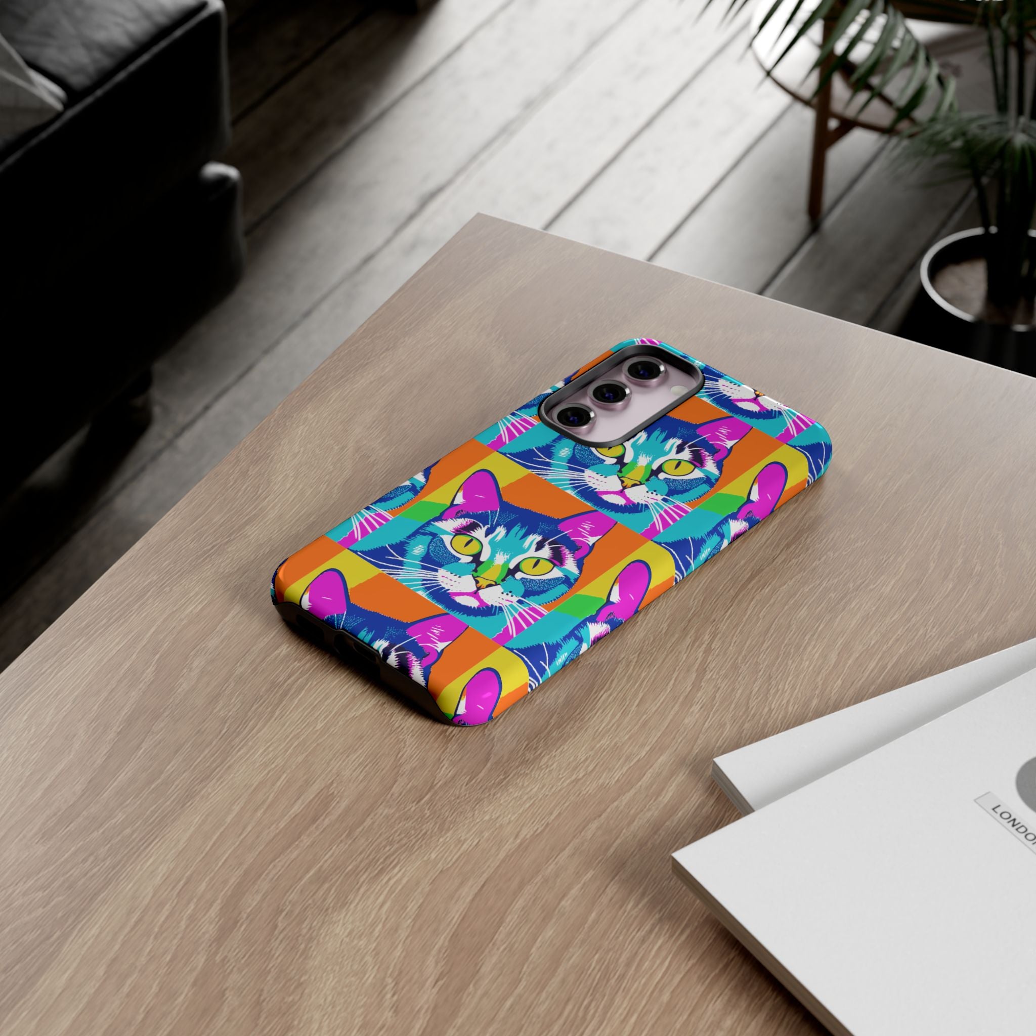 Colorful Cat Phone Case, Vibrant Animal Cover, Unique Pet Lover Gift, Fun Pop Art Style, Trendy Gadget Accessory