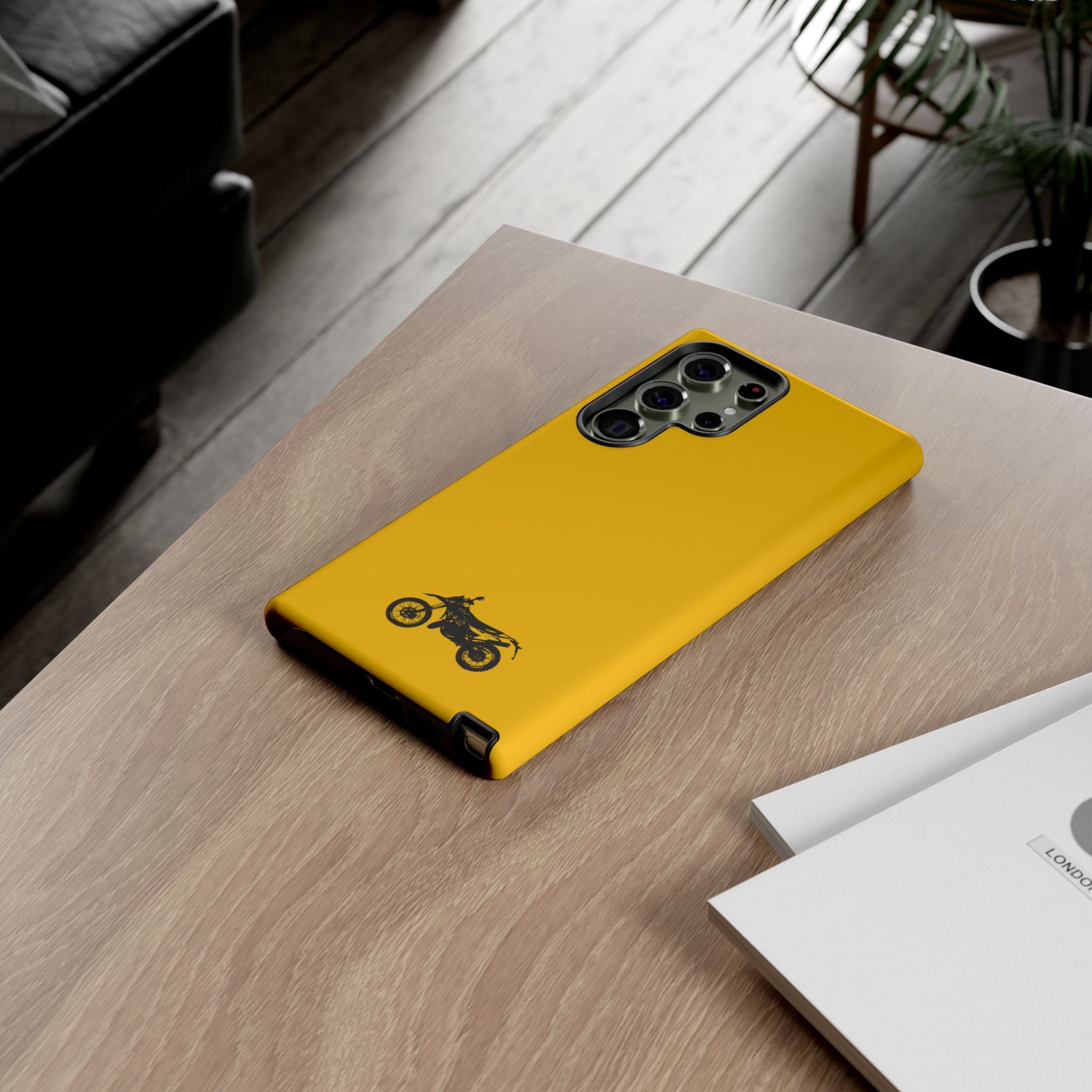 Motorcycle Phone Case, Tough Phone Cover, Gift for Bikers, Durable Tech Accessory, Yellow Motorcycle Design