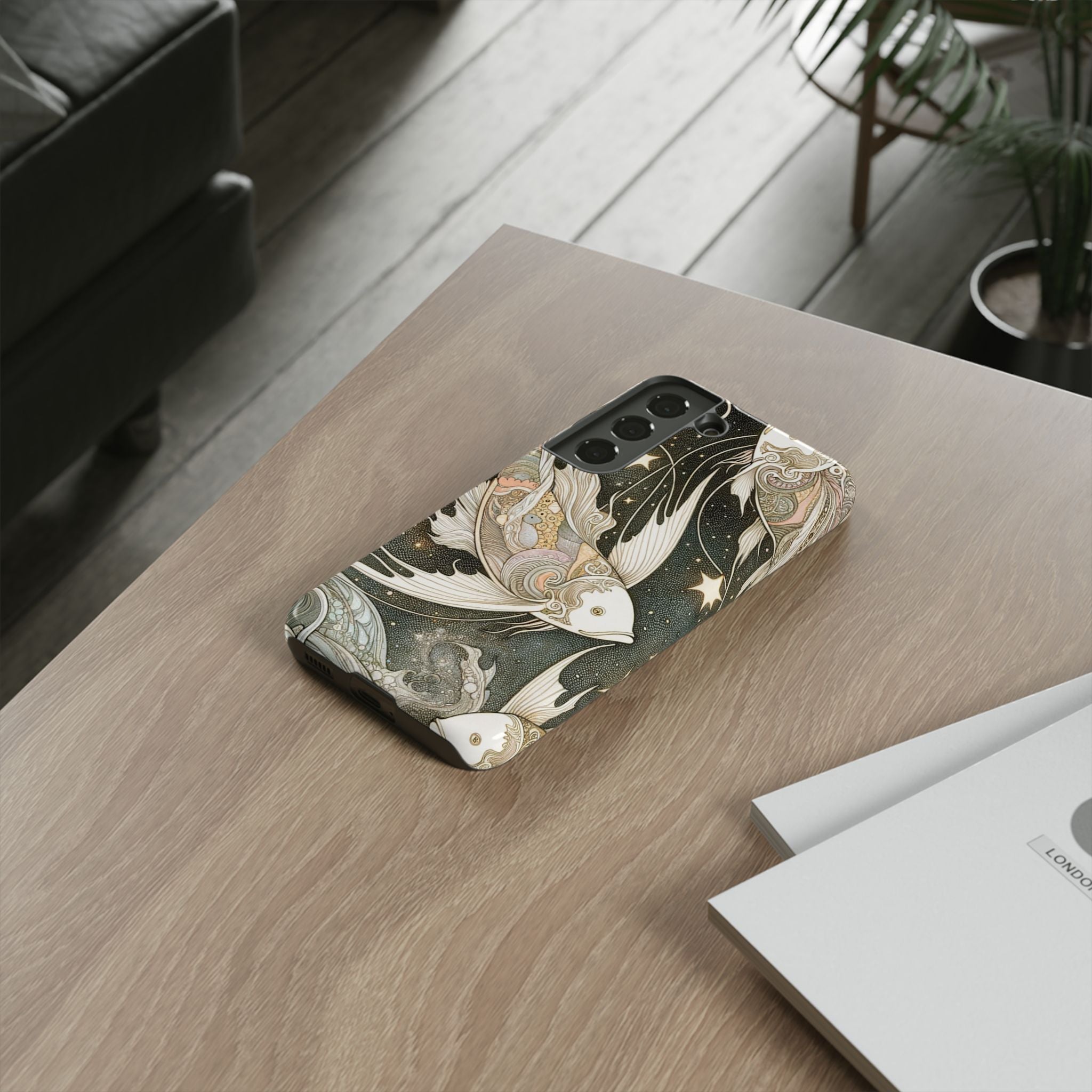 Artistic Phone Case, Cosmic Fish Design, Phone Accessory, Unique Gift, Zodiac Decor, Starry Night Vibes