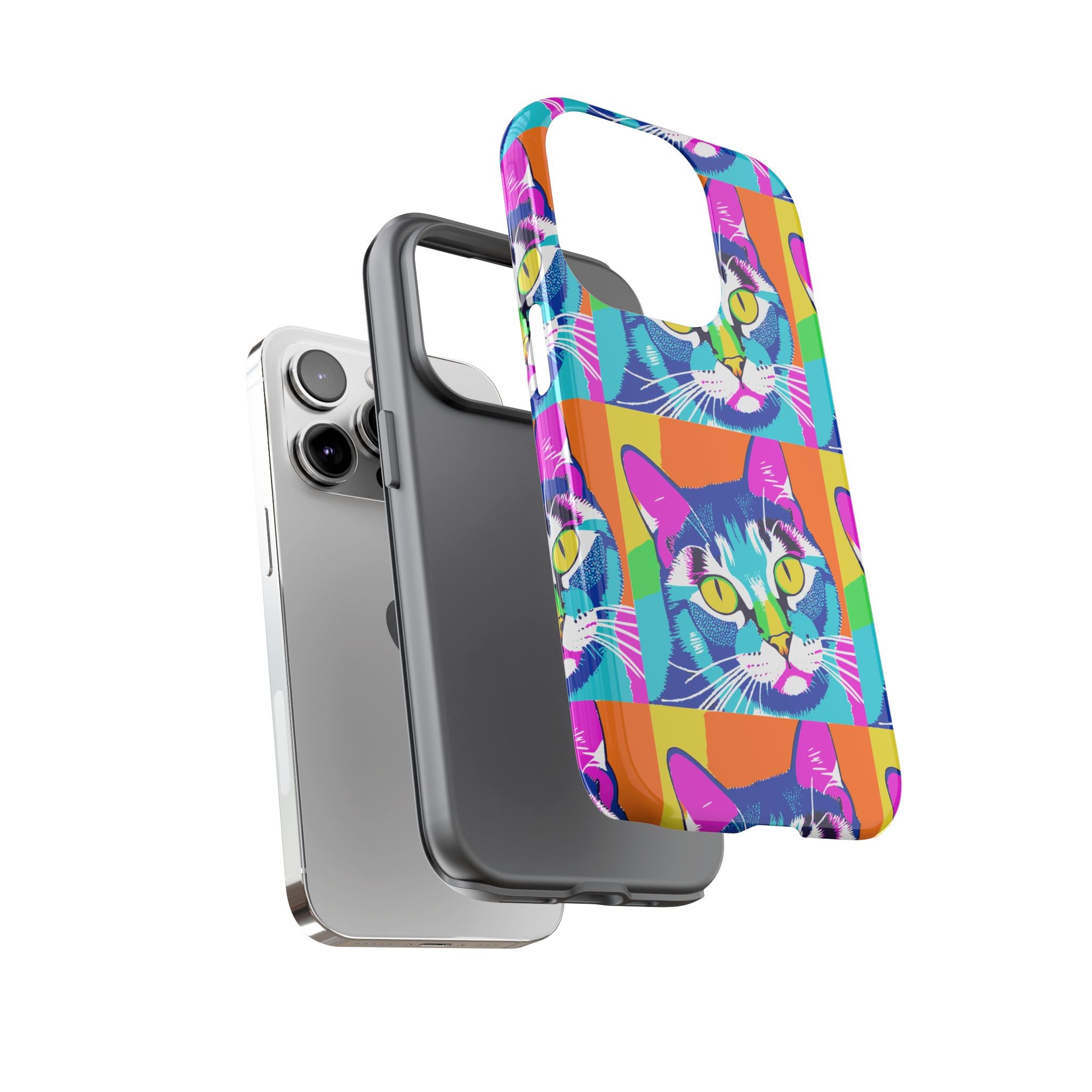 Colorful Cat Phone Case, Vibrant Animal Cover, Unique Pet Lover Gift, Fun Pop Art Style, Trendy Gadget Accessory