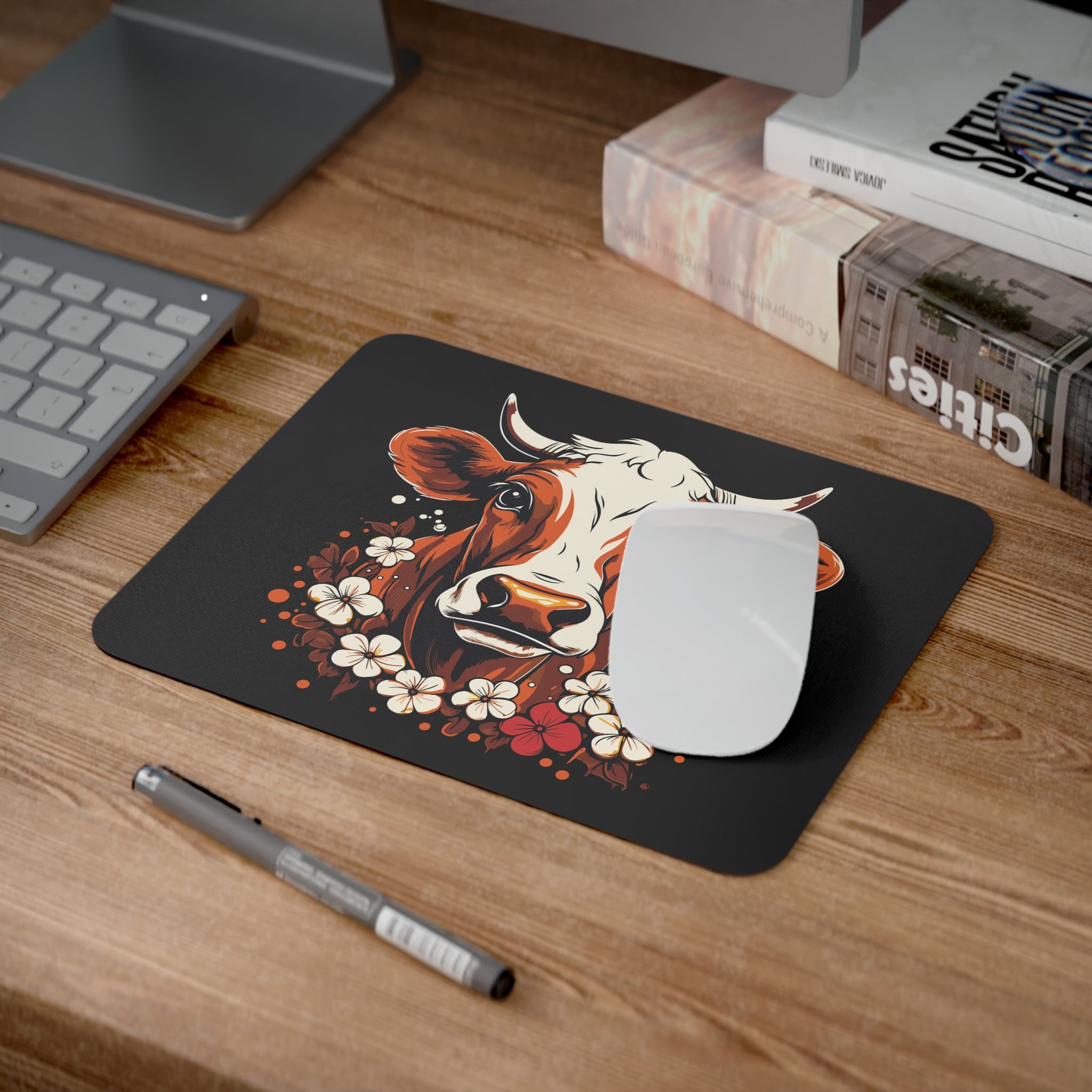 Cow Floral Desk Mouse Pad, Cute Cow Decor, Office Gift, Animal Lover's Mouse Pad, Farmhouse Style Home Office Accessory