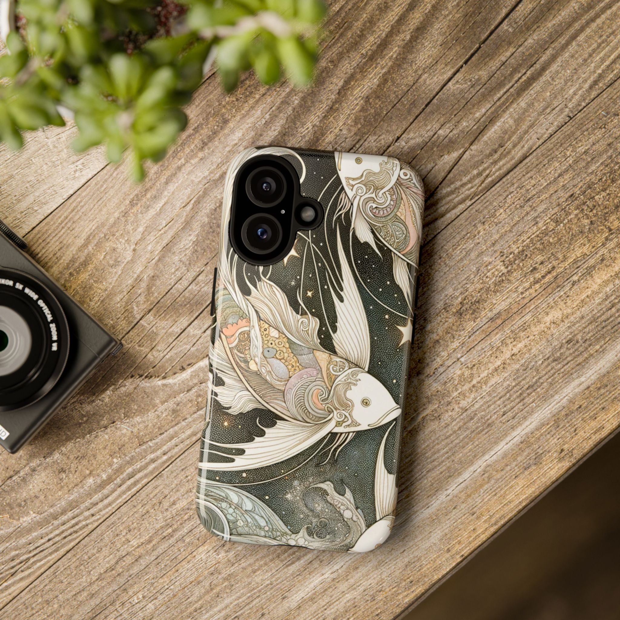 Artistic Phone Case, Cosmic Fish Design, Phone Accessory, Unique Gift, Zodiac Decor, Starry Night Vibes
