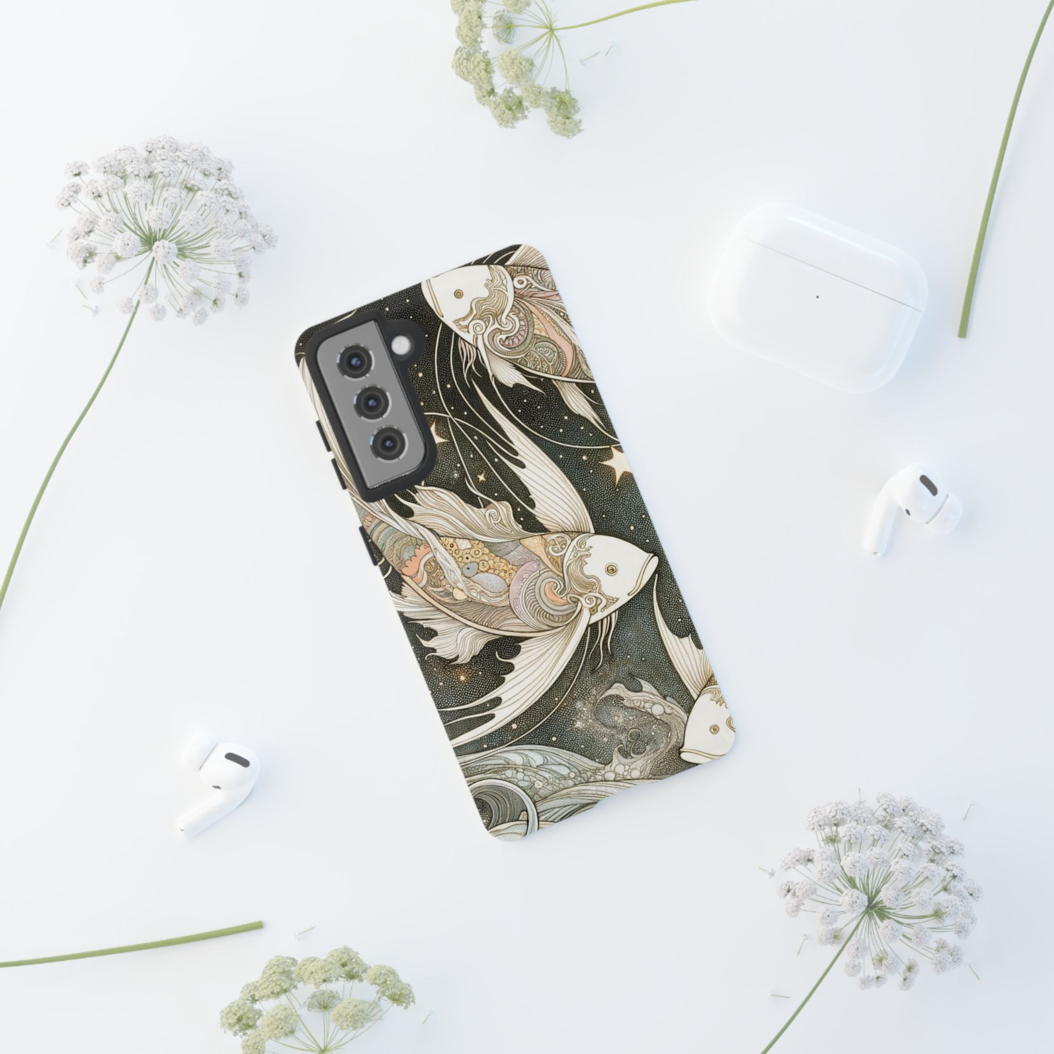 Artistic Phone Case, Cosmic Fish Design, Phone Accessory, Unique Gift, Zodiac Decor, Starry Night Vibes