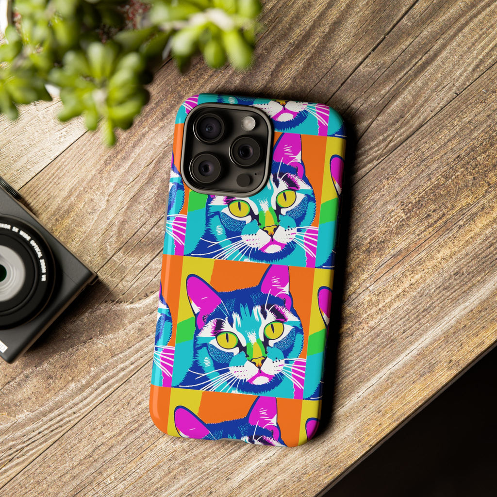 Colorful Cat Phone Case, Vibrant Animal Cover, Unique Pet Lover Gift, Fun Pop Art Style, Trendy Gadget Accessory