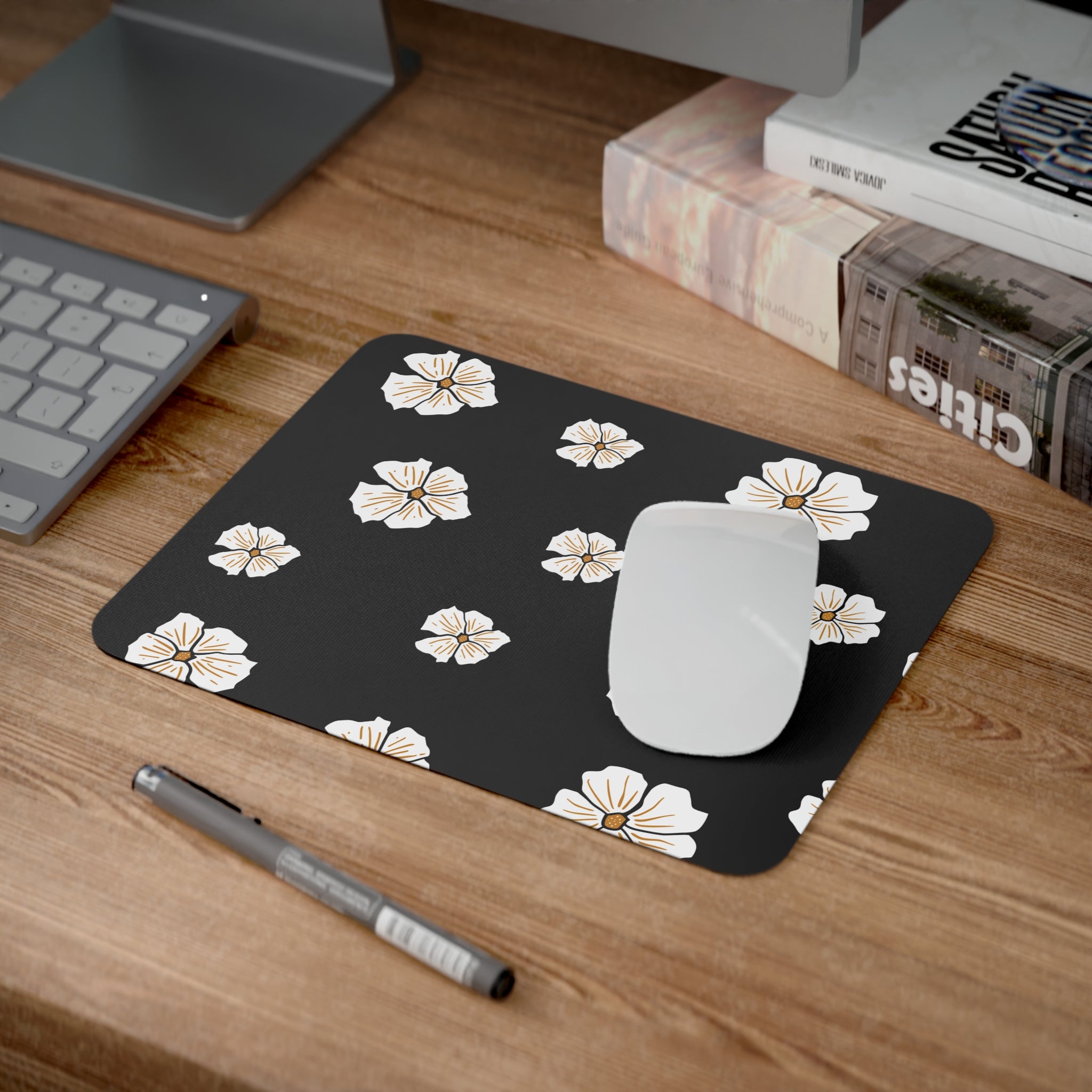 Floral Desk Mouse Pad, Office Decor, Computer Accessories, Gift for Her, Work from Home Essentials, Black and White Design