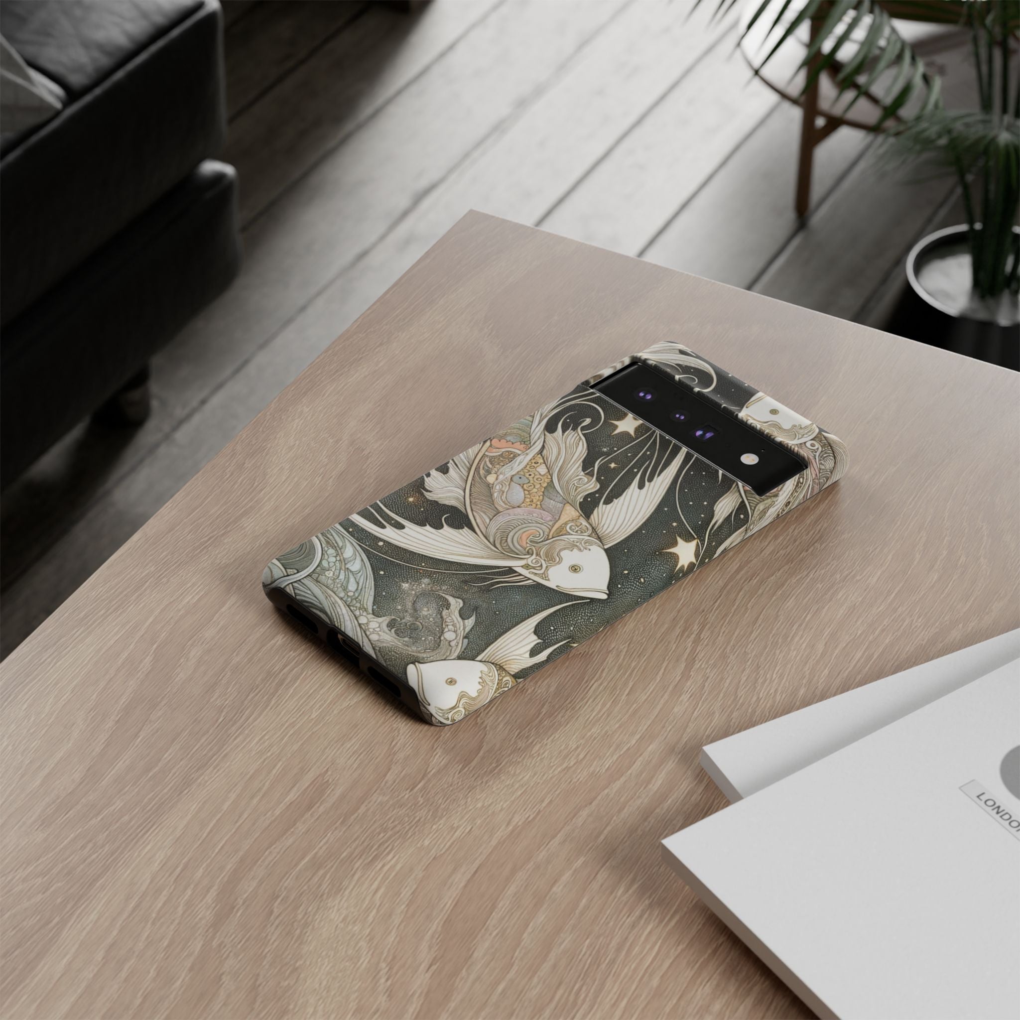 Artistic Phone Case, Cosmic Fish Design, Phone Accessory, Unique Gift, Zodiac Decor, Starry Night Vibes