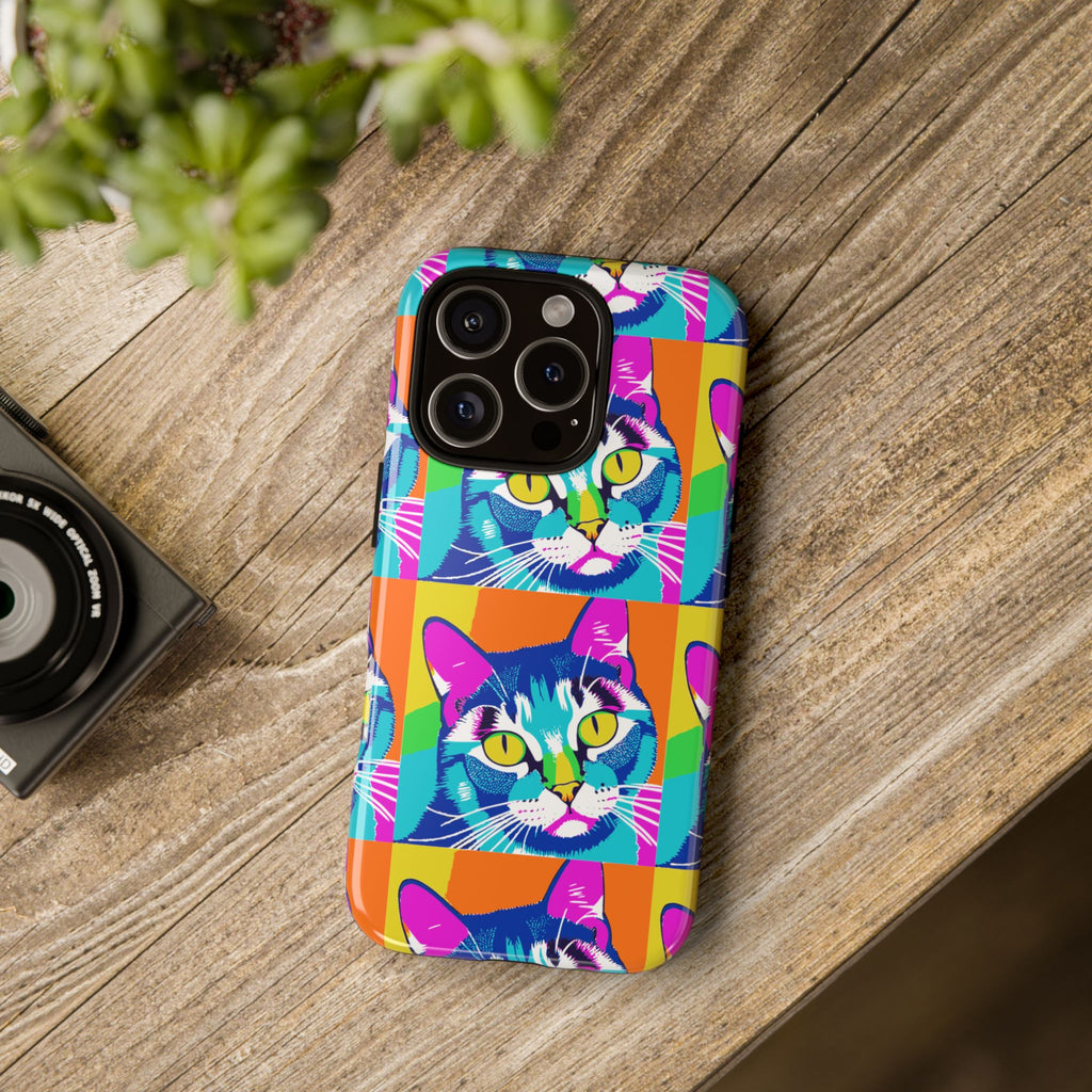 Colorful Cat Phone Case, Vibrant Animal Cover, Unique Pet Lover Gift, Fun Pop Art Style, Trendy Gadget Accessory