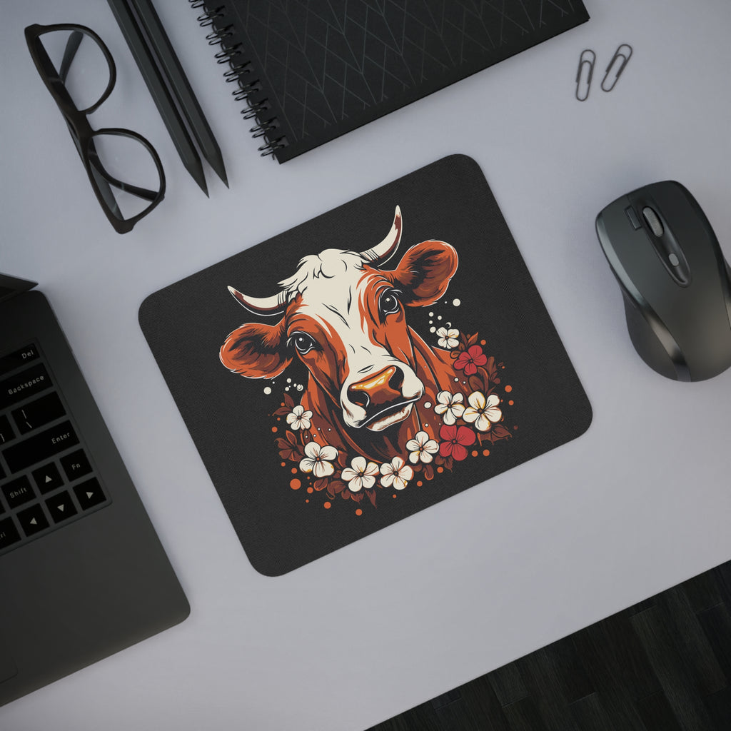 Cow Floral Desk Mouse Pad, Cute Cow Decor, Office Gift, Animal Lover's Mouse Pad, Farmhouse Style Home Office Accessory