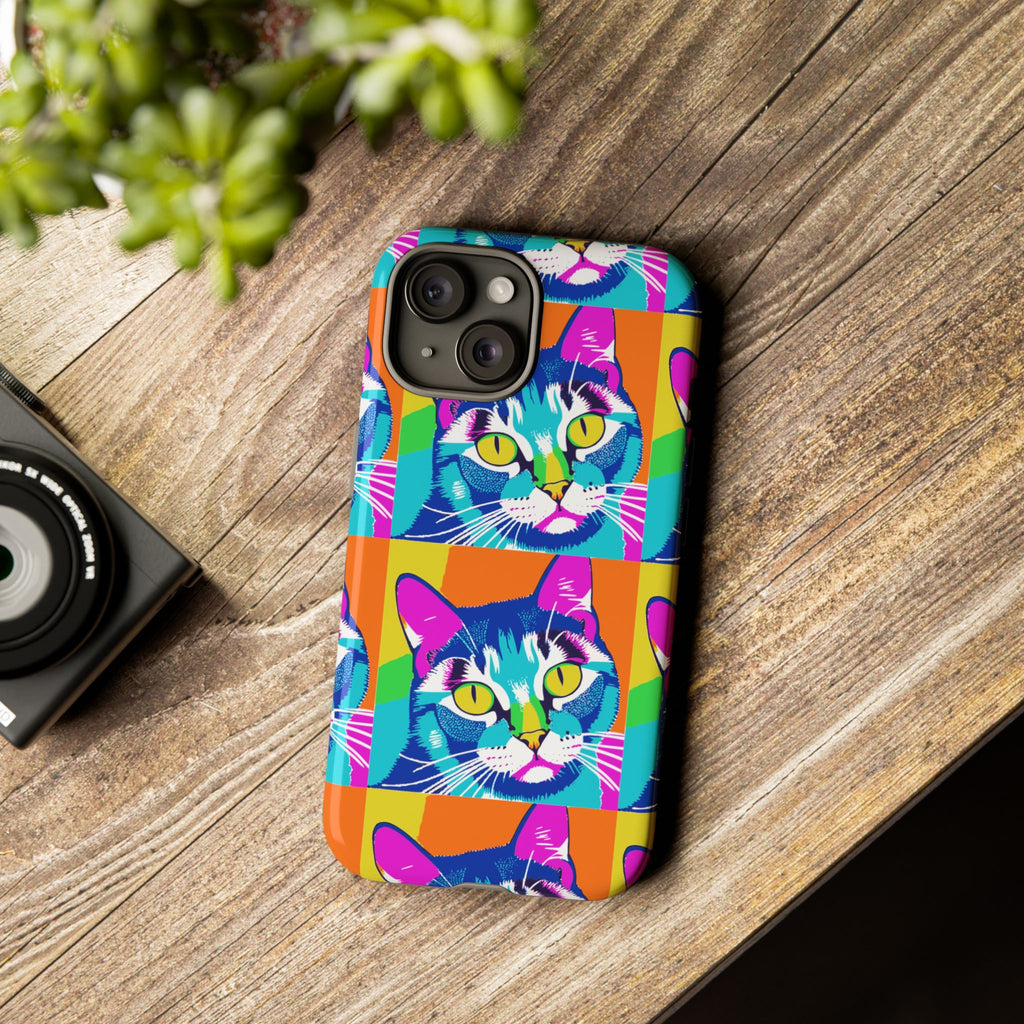Colorful Cat Phone Case, Vibrant Animal Cover, Unique Pet Lover Gift, Fun Pop Art Style, Trendy Gadget Accessory