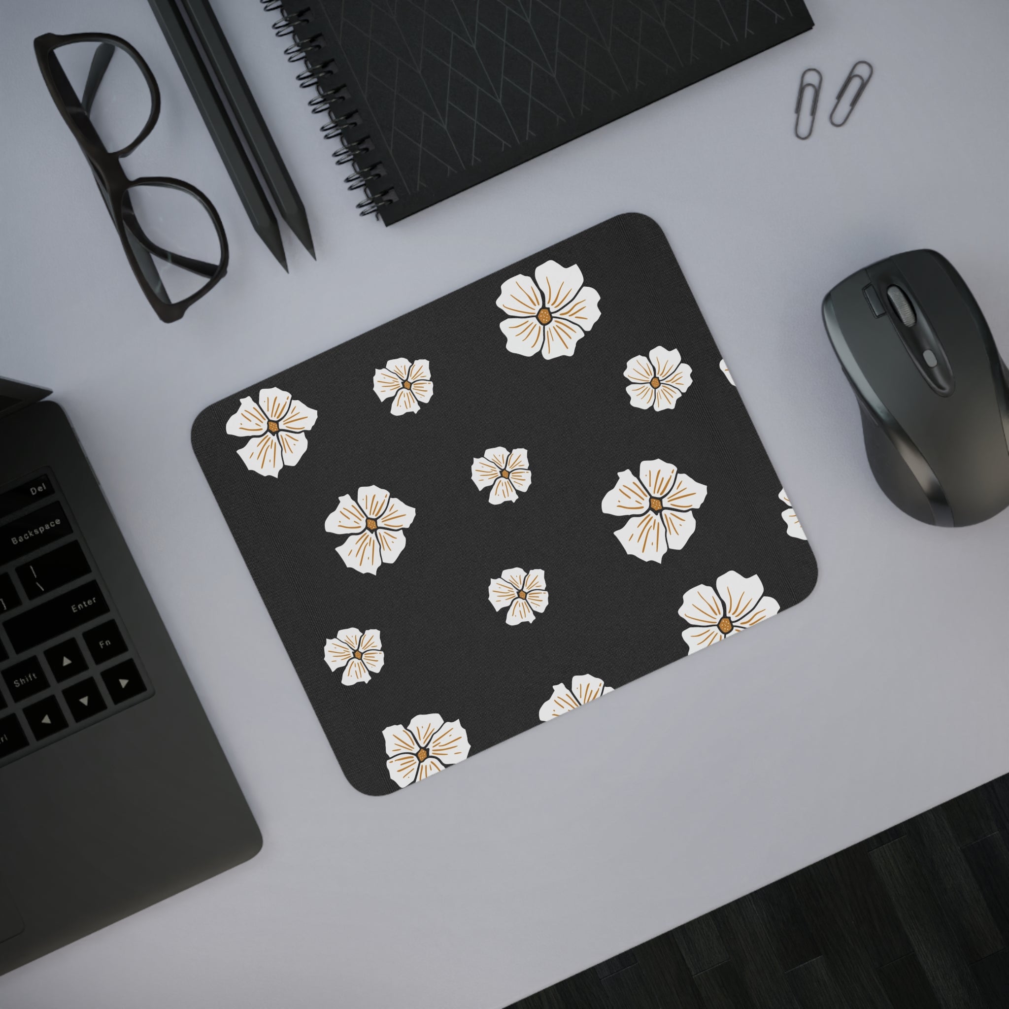 Floral Desk Mouse Pad, Office Decor, Computer Accessories, Gift for Her, Work from Home Essentials, Black and White Design