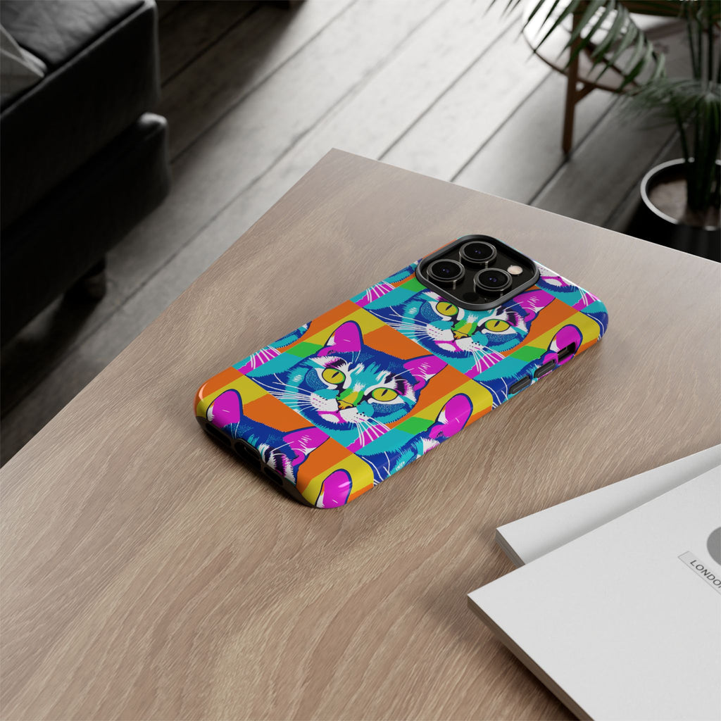 Colorful Cat Phone Case, Vibrant Animal Cover, Unique Pet Lover Gift, Fun Pop Art Style, Trendy Gadget Accessory