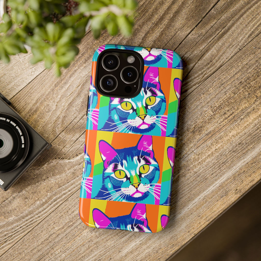 Colorful Cat Phone Case, Vibrant Animal Cover, Unique Pet Lover Gift, Fun Pop Art Style, Trendy Gadget Accessory