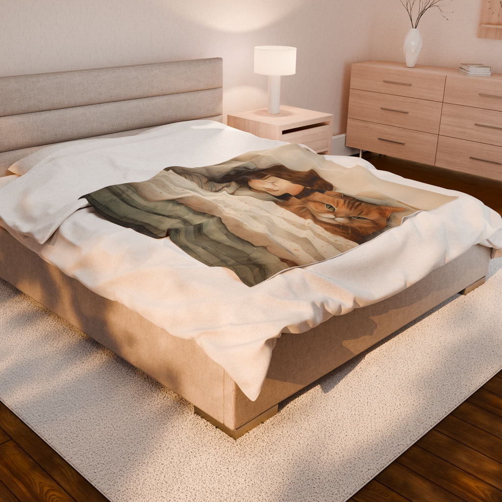 Cat and girl Velveteen Blanket, Soft Throw Blanket for Home Decor, Perfect Gift for Relaxation, Boho Style, Ideal for All Seasons