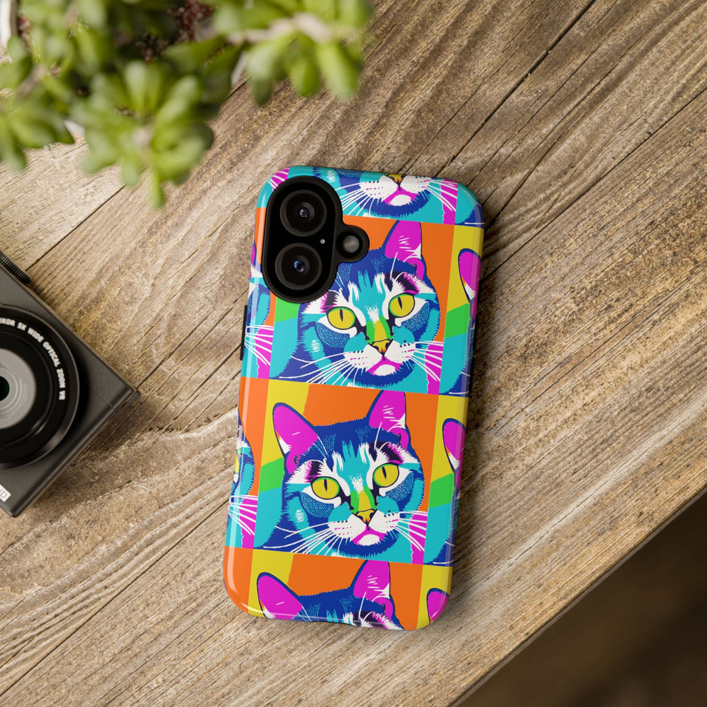 Colorful Cat Phone Case, Vibrant Animal Cover, Unique Pet Lover Gift, Fun Pop Art Style, Trendy Gadget Accessory